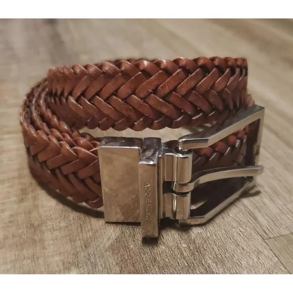 Anne Klein Women's Sz M/L Brown Braided‎ Leather Belt Reversable Silver Buckle